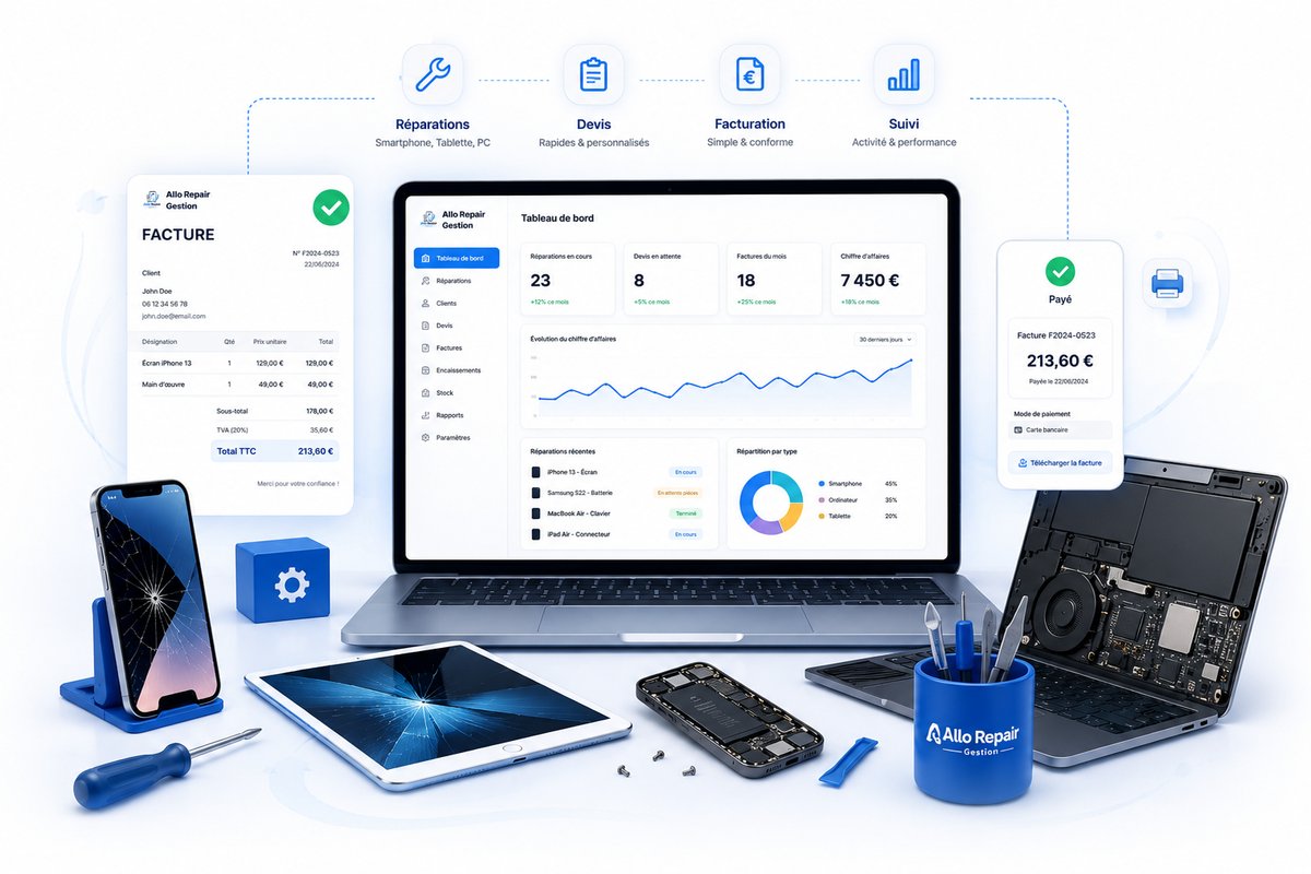 Allo Repair Gestion en action : tableau de bord, facture, réparations et suivi